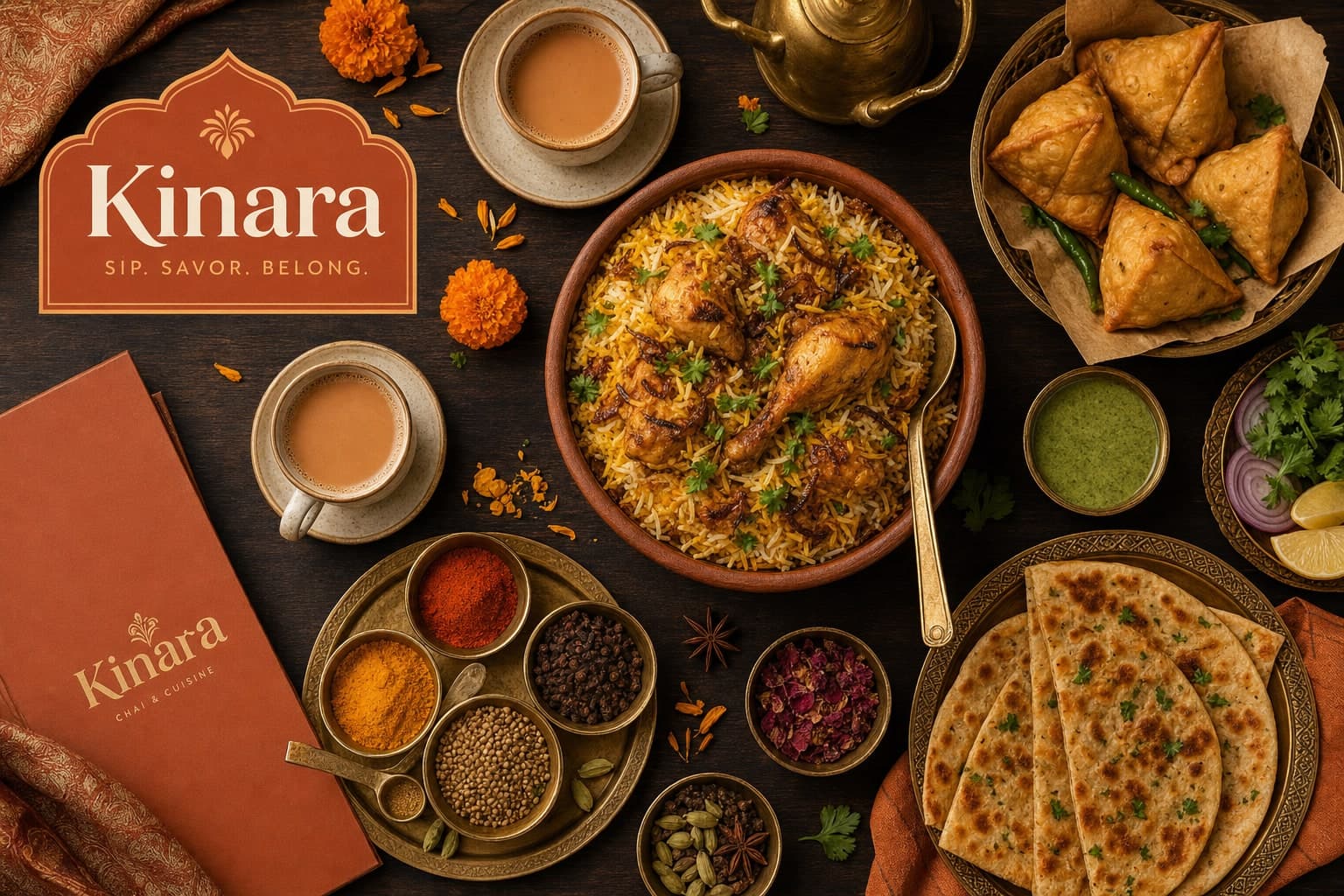 Overhead spread of karak chai, biryani, samosas and whole spices in brass bowls