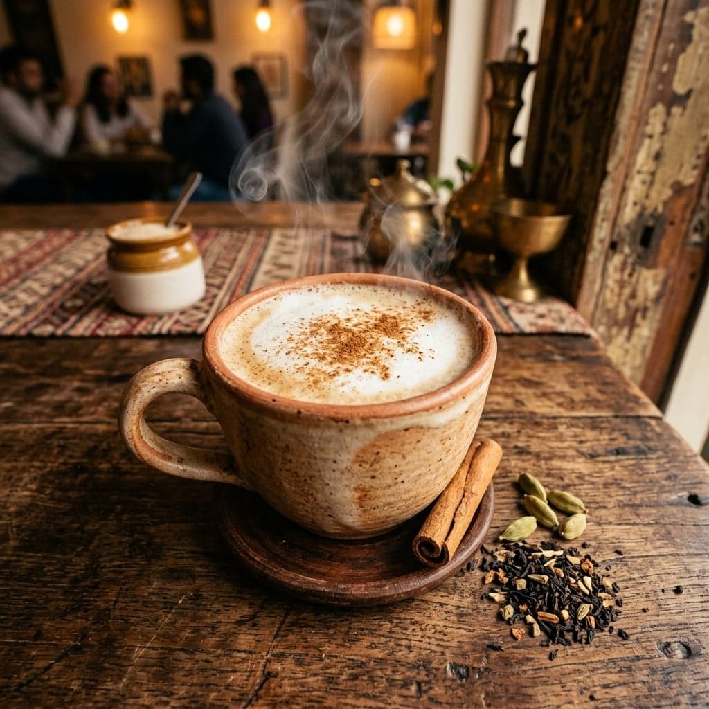 Masala chai latte in a glass cup, spices scattered alongside