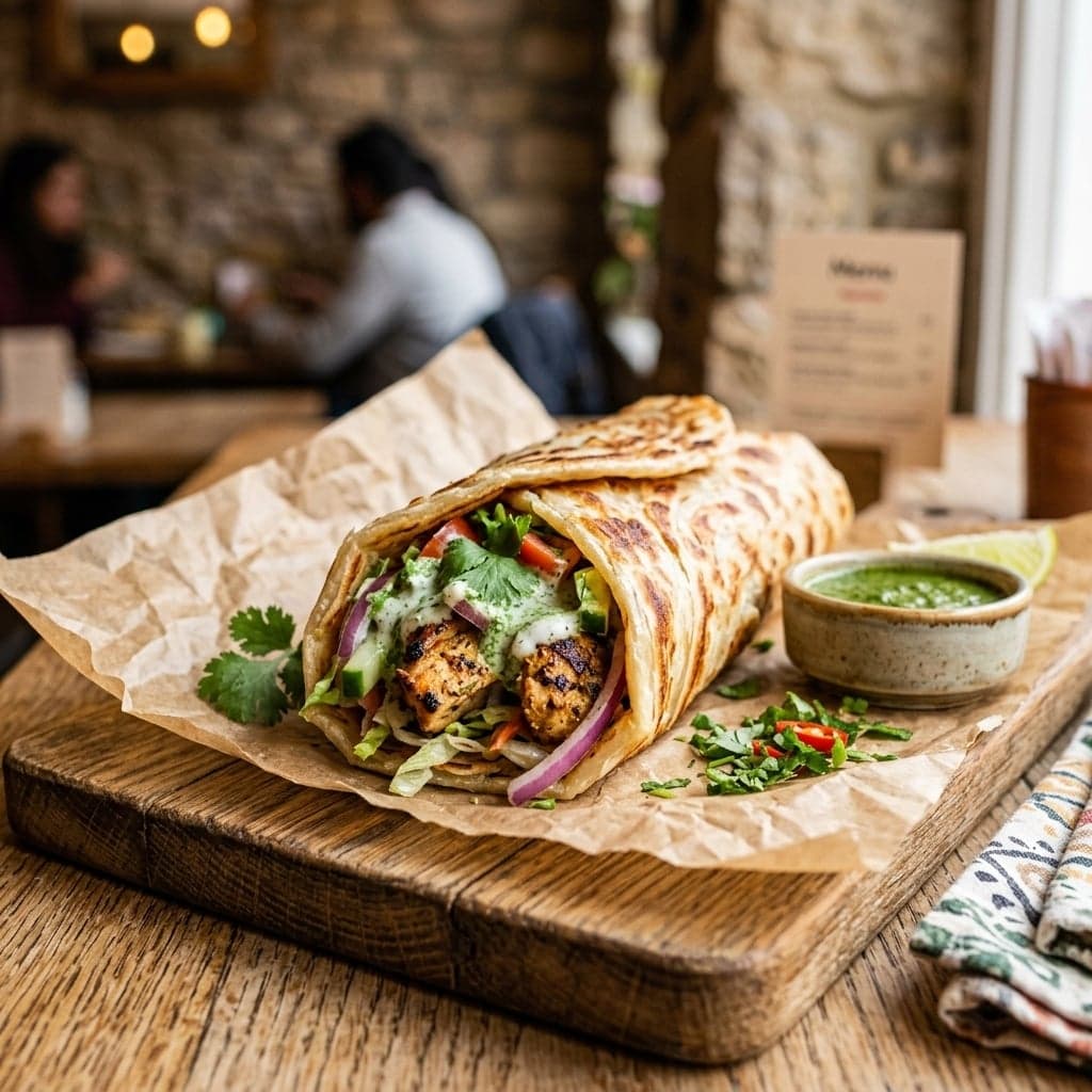 Chicken paratha roll wrapped in paper, sliced to show the filling